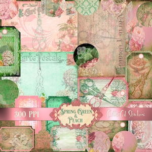 Kit di diario spazzatura stampabile, effimero, diario verde, damasco, carte ATC, fogli di collage, forniture per diario, vintage, scaricabile, trasandato