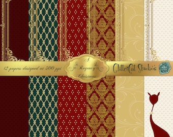 DIGITALT PAPPERSPAKET: 12 x 12 digitala julklappspapper, scrapbookingpapper, regencyperioden, original, julbrev, skräpjournal, guld, rött, grönt