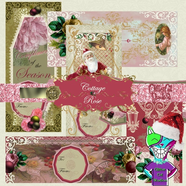 Victorian vintage Christmas shabby chic gift tags pink, red, green, ivory, & gold original printable digital romance gift tags