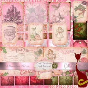 Kit de diário de lixo para impressão de Natal rosa, itens efêmeros, damasco, cartões ATC, folhas de colagem, suprimentos para diário, vintage, para download, chique gasto
