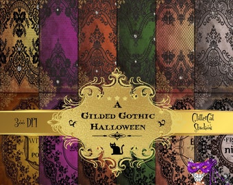 Gilded Gothic Halloween 8.5 x 11 scrapbook digital printable downloadable papers damask Victorian vintage journal planner supplies original