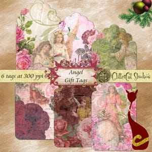 Etiquetas de presente Angels, itens efêmeros vitorianos, chique gasto, rosa de Natal, marfim, verde, bordô, dourado, etiquetas de presente digitais originais para impressão romântica