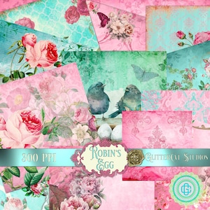 Paquete de papel digital: Papeles de diario imprimibles de 8" x 8", en tonos rosa y verde menta, damasco, hojas de collage, suministros para diario, estilo vintage y shabby chic.