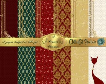 Digitala scrapbookingpapper från Regency Christmas, 8,5 x 11, originella designer, julbrev, julpapper för skräppost, guld, rött, grönt