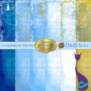 Pacote de papel digital: 12" x 12" azul celeste, azul royal, dourado, Shabby Chic, Ano Novo, para impressão digital, romântico, casamento, papéis para scrapbook