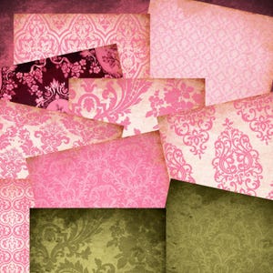 Pacote de papel digital: papéis de diário imprimíveis rosa de 8" x 8", damasco, folhas de colagem, suprimentos de diário, vintage, shabby chic