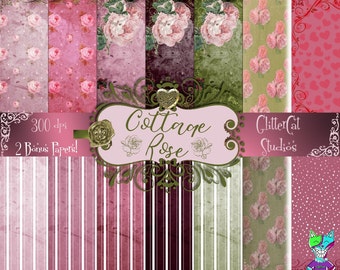 Digital Paper Pack: 8-1/2" x 11" Pink Green Shabby Chic Letter, Cottage Rose Digital Printable, Romantic, Wedding Scrapbook Papers