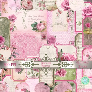 Druckbares Junk Journal Kit, Ephemera, rosa Journal, Damast, ATC Karten, Collage Blätter, Journalzubehör, Vintage, herunterladbar, shabby