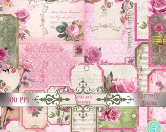 Könnte beinhalten: Ein digitales Collage-Blatt mit einem rosa-grünen Farbschema mit Rosen, floralen Designs und Vintage-Etiketten. Das Blatt enthält den Text "Roses and Romance" und "Glitter Cat Studios".