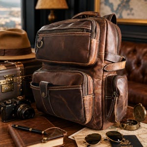 Könnte beinhalten: Ein brauner Lederrucksack mit mehreren Reißverschlussfächern und Taschen. Der Rucksack hat einen oberen Griff und verstellbare Träger. Weitere Artikel sind ein Fedora, eine Vintage-Kamera, ein Kompass und eine Sonnenbrille.