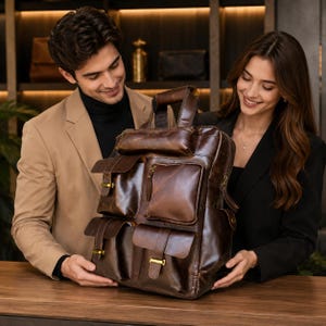 May include: A brown leather backpack with multiple pockets and compartments. The backpack has a top handle, adjustable straps, and gold-coloured hardware. The leather has a glossy finish. The backpack is held by two people.