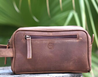 Full Grain Distressed Leather Dopp Kit, Men's Travel Toiletry Bag Organizer