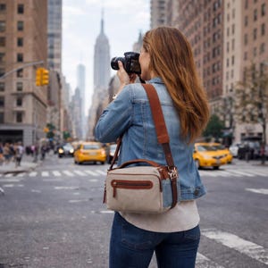 May include: A beige and brown camera bag with a brown leather strap is worn over the shoulder. The bag has a rectangular shape with a zippered top and a small side pocket. The background shows a city street with yellow taxis and tall buildings.