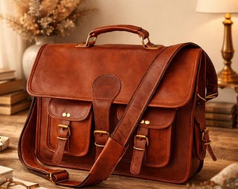 18" Full Grain Leather Briefcase Bag for Men and Women, Professional Laptop Messenger Bag, Office Satchel with Multiple Pockets