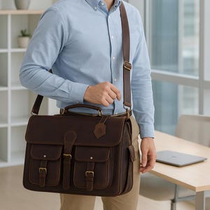 Leather Laptop Bag for Men Full Grain Large Leather Messenger bag for men 18 inches with rustic look Brown briefcase, Satchel bag for office