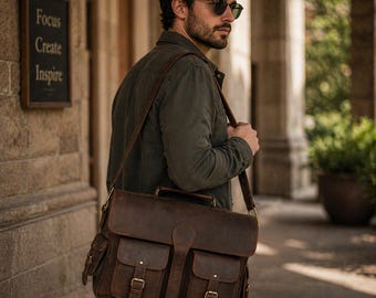 Maletín clásico de piel para oficina, bolso bandolera para portátil de 18", resistente, con cierre de solapa seguro y detalle de hebilla.