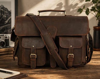 Dark Brown Leather Briefcase Shoulder, Messenger, Laptop Bag with Spacious Compartment