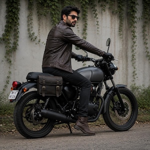 May include: A person wearing a brown leather jacket and sunglasses sits on a black motorcycle. The motorcycle has a dark gray fuel tank, black tires, and a brown leather saddlebag. The background is a concrete wall with green vines.