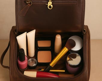 May include: Open brown leather makeup bag filled with various cosmetic products. Includes tubes, compacts, a brush, nail polish, and lipsticks. The bag has a zipper closure and a gold-colored clasp.