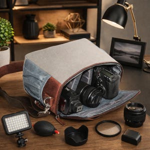 Puede incluir: Una bolsa de cámara beige y marrón abierta, que revela dos cámaras y lentes. Equipos de fotografía adicionales, incluyendo una luz, parasol y soplador, están dispuestos sobre una superficie de madera.