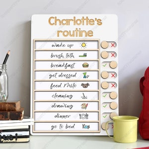 Personalized Daily Routine Chart with 150+ Stickers, Morning and Bedtime Routine Chart, Daily Routine Chore Chart, Wooden Daily Chore Chart