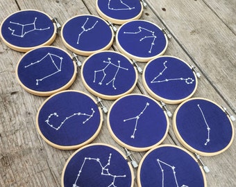 Zodiac Constellations - Embroidery Hoop Art - Astrology Wall Hanging - Glow-in-the-Dark Stars - Choose Your Sign