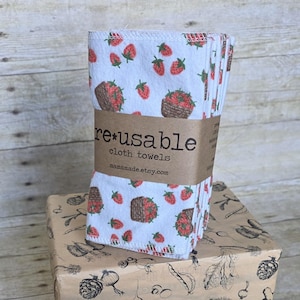 Reusable Cloth Towels or Cloth Napkins - Strawberry Baskets - Cotton Flannel and Birdseye Cotton - Set of 15 - Reusable Towels from mamamade