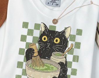 Matcha Cat Shirt, Funny Black Cat Graphic Tee, Worn Out Comfort Colors 1717, Green Tea Lover Gift, Casual Unisex T-Shirt, Healthy Lifestyle