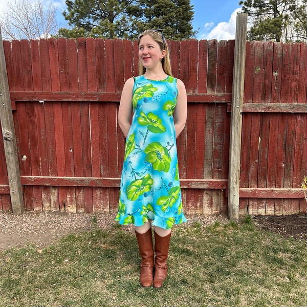 Unique 90s Vintage Blue and Green Floral Sleeveless Midi Shift Dress, My Michelle - Women's Small