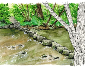 Stepping Stones, Dunsford, Dartmoor, Devon, England: 11x17" Archival Print of Watercolour Travel Plein Air Landscape Painting