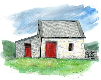 Irish Cottage, Ireland: 8.5x11" Archival Print of Watercolour Travel Plein Air Landscape Painting