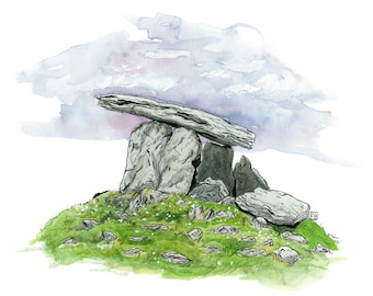 Poulnabrone Dolmen, The Burren, Ireland: 11x17" Archival Print of Watercolour Travel Plein Air Landscape Painting