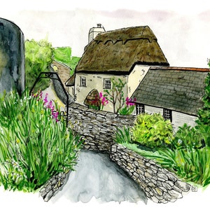 May include: A watercolour painting depicting a charming cottage with a thatched roof, nestled within a stone wall and verdant foliage. The cottage features a white exterior and a small garden with pink blooms. The painting is set against a backdrop of a cloudy sky.