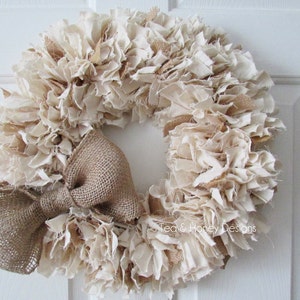 Farmhouse Burlap and Muslin Rag Wreath with Bow, Rustic Decor, Beach Decor, Neutral Wreath, Burlap Wreath, Rustic Wedding Round 22 image 1