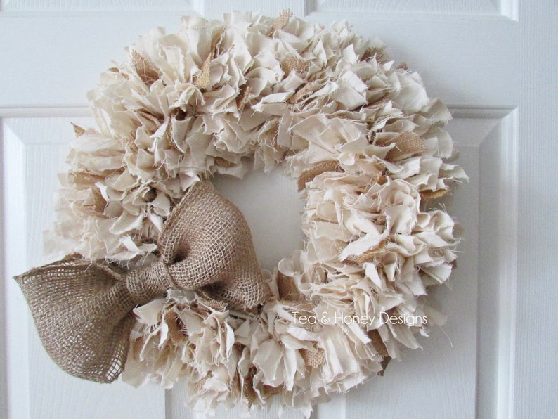 Farmhouse Burlap and Muslin Rag Wreath with Bow, Rustic Decor, Beach Decor, Neutral Wreath, Burlap Wreath, Rustic Wedding Round 22 image 1