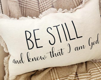 Be Still and Know Lumbar Natural, Pillow Cover, Christian Gift, Linen, Fringe, Throw Pillow