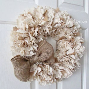 Farmhouse Burlap and Muslin Rag Wreath with Bow, Rustic Decor, Beach Decor, Neutral Wreath, Burlap Wreath, Rustic Wedding Round 22 image 6