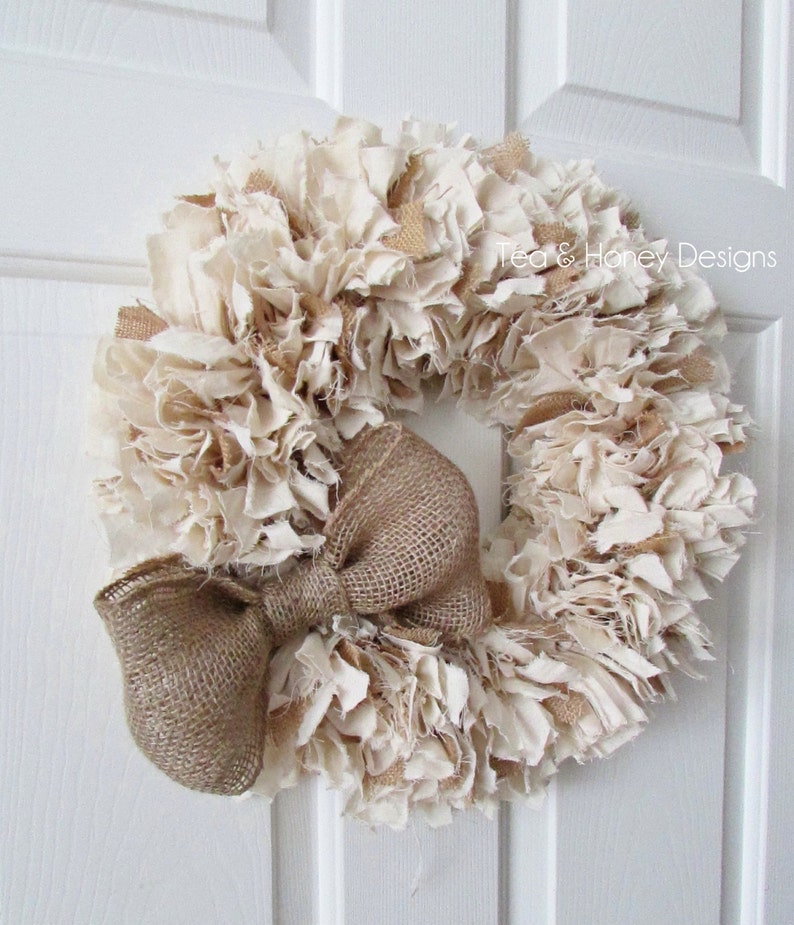 Farmhouse Burlap and Muslin Rag Wreath with Bow, Rustic Decor, Beach Decor, Neutral Wreath, Burlap Wreath, Rustic Wedding Round 22 image 6