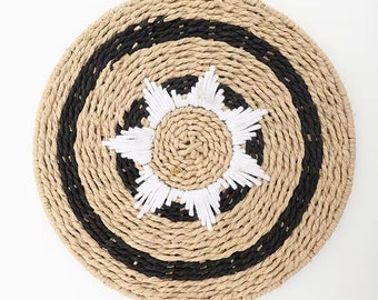 Handmade woven coasters decorate the living room