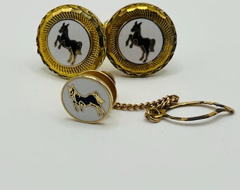 Vintage Venus Horse Cufflinks & Tie Tack Set Gold Tone Equestrian Mens Jewelry Mid Century