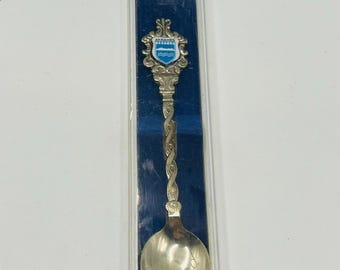 Vintage Akranes Iceland Souvenir Spoon Gold Tone Enamel Crest Iceland Collectible Spoon with Case