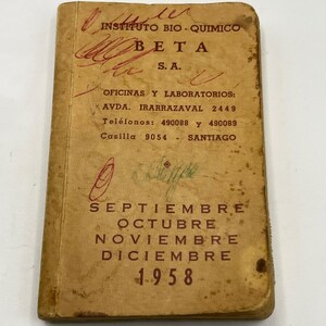 Agenda farmacéutica de bolsillo de 1958, Chile, Instituto Bio Químico BETA, Libro de referencia médica de medicamentos, Cuaderno médico antiguo, Español