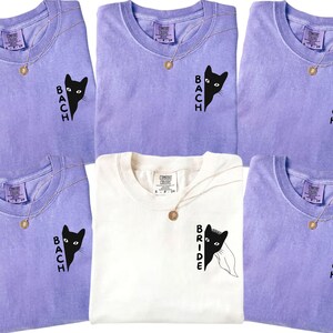 Schwarze Katze Halloween Bachelorette Shirt, letztes Boo, bevor ich Party T-Shirt tue, kundenspezifisches gruseliges Braut-Stammes-Shirt, Katzenliebhaber-Hochzeit, erhalten von Meowied