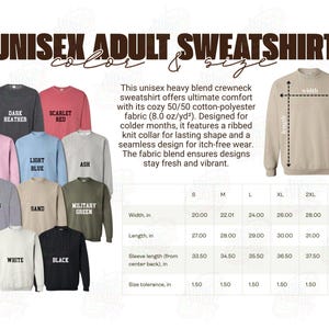 Pu&ograve; includere: Una collezione di felpe unisex a girocollo in vari colori, tra cui grigio scuro, rosso scarlatto, rosa chiaro, azzurro, cenere, grigio sport, sabbia, verde militare, bianco e nero, con una tabella delle taglie e un diagramma in pollici.