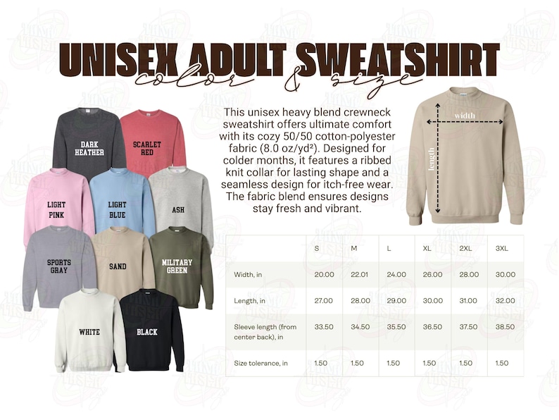 Pu&ograve; includere: Una collezione di felpe unisex a girocollo in vari colori, tra cui grigio scuro, rosso scarlatto, rosa chiaro, azzurro, cenere, grigio sport, sabbia, verde militare, bianco e nero, con una tabella delle taglie e un diagramma in pollici.