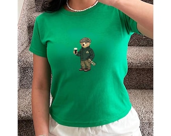 Y2K St. Patricks Day Bear crop-top, retro Ierse jaren 90 baby-T-shirt, St Pattys Day-shirt dames, Iers Lucky Girl-shirt, klavertrui shirts