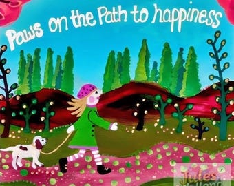 Whimsical Dog Walking Art Print – Folk Art Path to Happiness Wall Decor