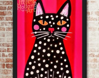 Lámina artística de gato negro – Decoración de pared felina con lunares de neón rosa (8x10, 16x20)