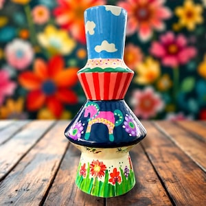 Original Handpainted Ceramic Vase, Whimsical Folk Art Pottery, Colourful Decorative Vase, Handmade Boho Home Decor, Unique One of a Kind