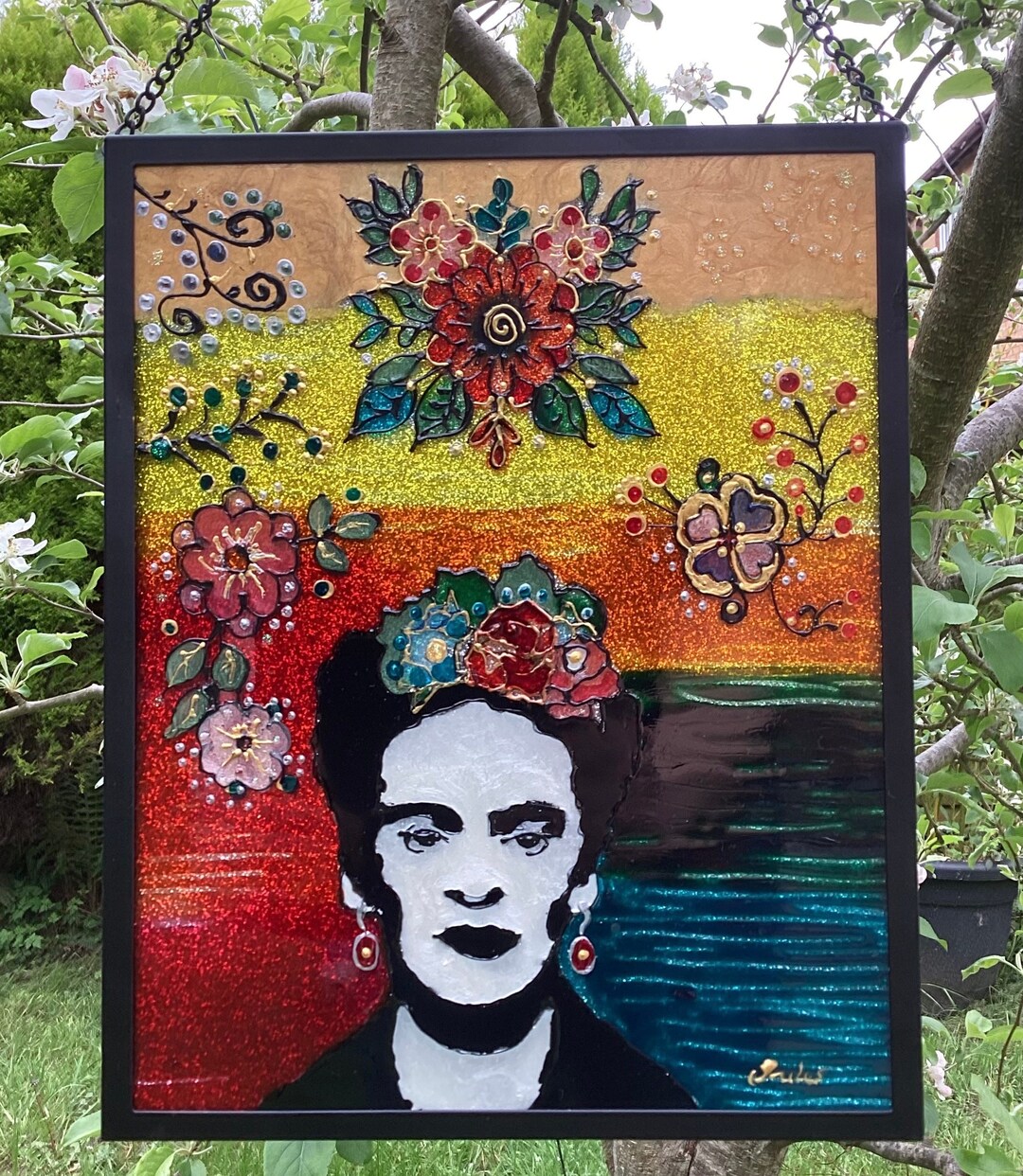 Frida Kahlo Hand Painted Vibrant Glass Art, Abstract Wall Decor ...